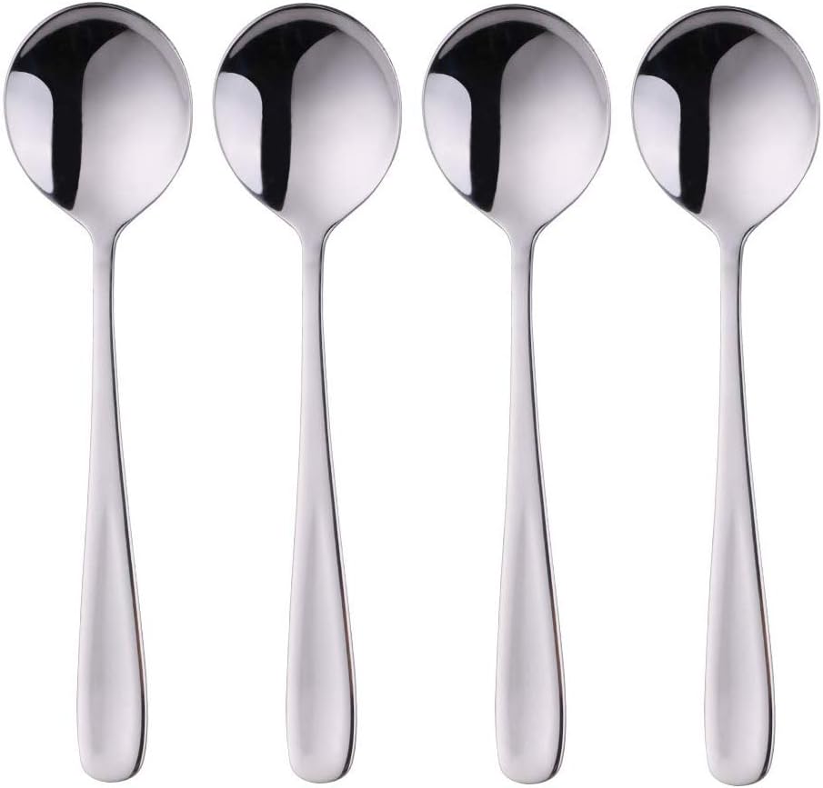 7-Inch Soup Spoons, Bouillon Spoon,18/10 Stainless Steel Finished Table Dinner Spoons Set of 4 (Silver)
