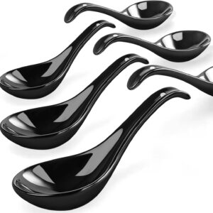 Soup Spoons, Black Ceramic Spoons Set of 6, Chinese Soup Spoons, 6.75 inch Ramen Spoons, Pho Spoons for Cereal, Noodles, Stews, Wonton, Dumpling, Miso, Deep Oval Hook Design, Dishwasher Safe