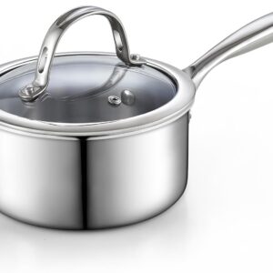 Stainless Steel Saucepan with Lid, Multi-Ply Clad Sauce Pot 1.5-Quart, Silver