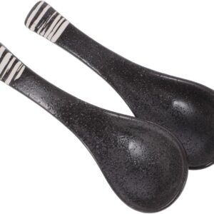 2 Pack of Elegant Ceramic Soup Spoons - Long Handle Asian Style Ramen and Rice Spoons for Serving Soup - Pho Noodles and More in Home Kitchen or Restaurant Black