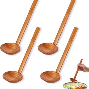 Chinese Soup Spoons Long Handle Wooden Spoons, Japanese Ramen Wooden Soup Spoons Dark Brown Wooden Serving Spoons for Soup, Coffee, Salad Desserts, Chips, Snacks, Cereal, and Fruit (4 Pcs)