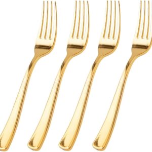 100 Pcs Gold Plastic Forks - Heavy Duty Sturdy&Durable Forks Disposable 7.4inch - Elegant Gold Forks for Dessert, Durable Plastic Cutlery for Wedding or Daily Using Valentine's Day