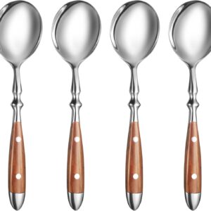 Soup Spoons，4Pcs Soup Spoons Set，Stainless Steel 18/8 Spoons with Comfortable Bakelite Handle，Heavy-Weight Metal Round Spoons，Wood Grain Handle