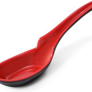 12 PACK Asian Soup Spoons, Rice Spoons, Melamine Chinese Won Ton Soup Spoon For soba, pho, ramen, Noodle, Korean Style Large Spoon with Long Handle- Notch and Hook Style, Red ＆ Black