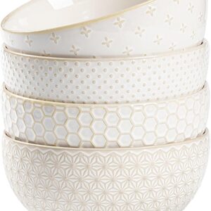 Ceramic Cereal Bowls 30 OZ, Soup Bowls Set of 4 for Kitchen, Stoneware Bowls with Embossment, White Bowls for Cereal, Soup, Rice, Salad, Fruits, Microwave & Dishwasher Safe