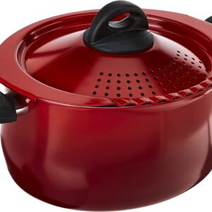 5.5 Quart Pasta Pot with Strainer Lid, Red – Elongated Oval Pot for Longer Spaghetti, Lasagna, Penne & Farfalle Noodles, Heat Resistant Handles & Nonstick Interior, Large Pot for Cooking