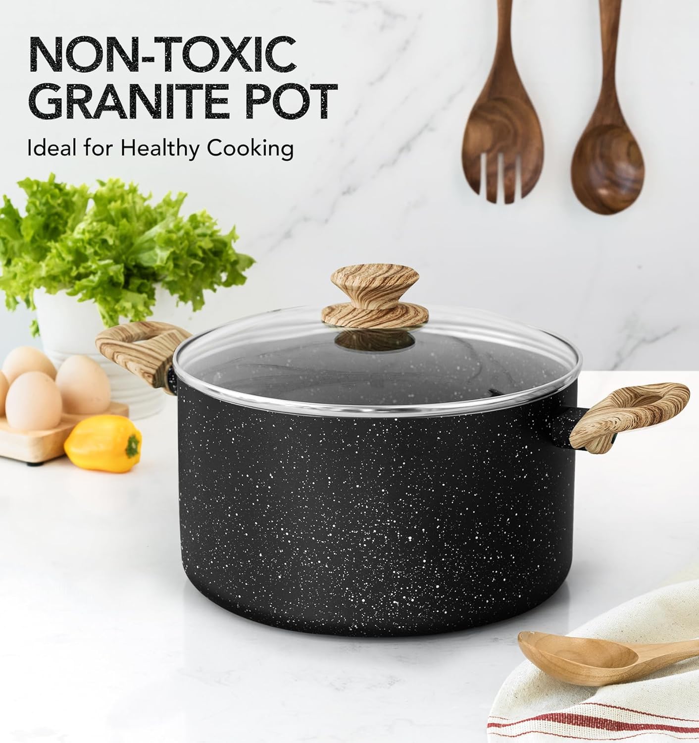 6 Quart Stock Pot with Lid, Nonstick Soup Pot with Lid, 6 Qt Cooking Pot Induction Compatible, Non Stick Pot with Stay-cool Handle, Nonstick Pot for Cooking, Black Granite - Image 2