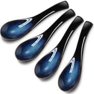 4 Pieces Asian Ceramic Soup Spoons Set Long Handle Chinese Spoons Retro Blue Japanese Ramen Bowl Soup Spoon Suitable for Gravy, Cake, Oatmeal, Dumplings