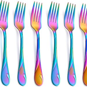 Rainbow Salad Fork Set, 6.9-inch Stainless Steel Dessert Forks, 6-Piece Shiny Metal Small Cake Fork, Iridescent Silverware Set, Dishwasher Safe