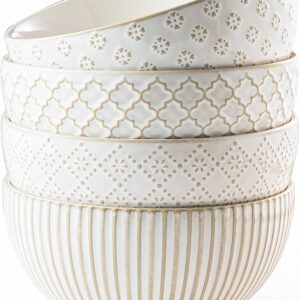 Ceramic Soup Bowls 30 OZ, Cereal Bowls Set of 4 for Kitchen, Stoneware Bowls with Embossment, Farmhouse Vintage Bowls for Cereal, Soup, Rice, Salad, Fruits, Arctic White