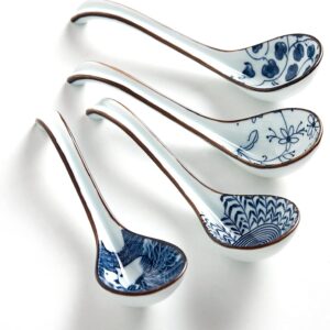 Ceramic Soup Spoons, Asian Soup Spoon Japanese Ramen Spoons,Long Handle Perfect Depth Spoon Set for Soup Dumpling, Pho, Noodles, Miso, Chinese Wonton, Dishwasher Safe- Set of 4- Blue