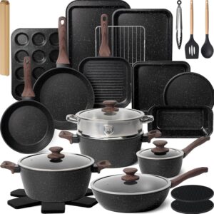 31 Pcs Kitchen Cookware Set, Non Stick Pots and Pans Set Bakeware Set Nonstick Cooking Set with Baking Pans, Frying Pans, Saucepan, Grill Pan, Utensils