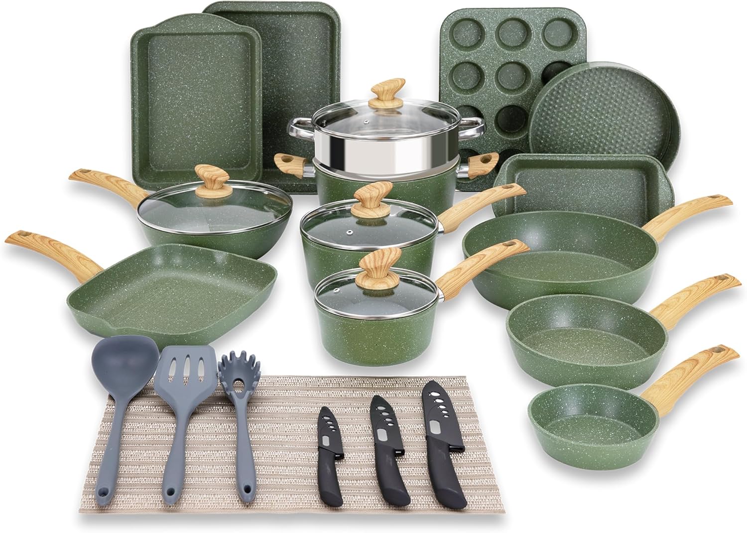 Pots and Pans Set Nonstick, 30 Pieces Induction Kitchen Cookware Set, Green Granite Coating Cooking Pans Set