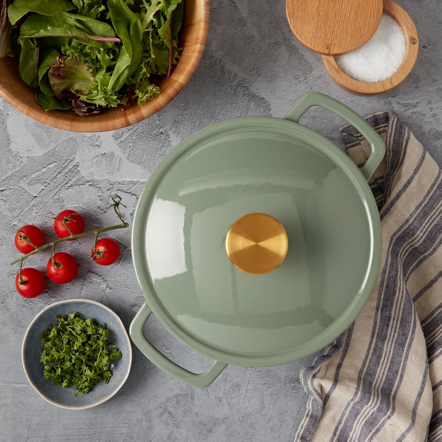 3-Quart Enameled Cast Iron Fluted Dutch Oven Pot with Lid, Sage Green - Image 2